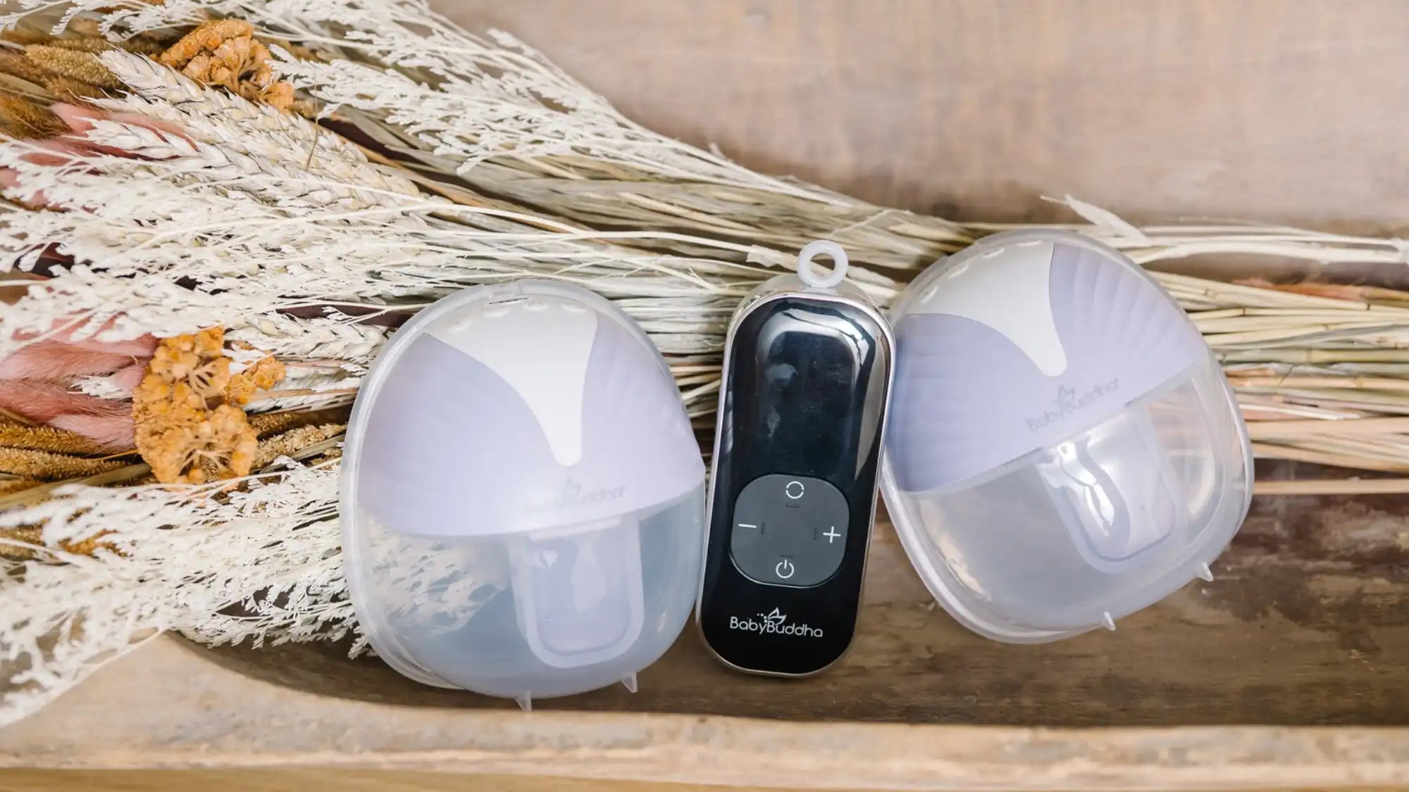 Two BabyBuddha wearable collection cups and a black handheld controller displayed on a wooden tray in front of dried floral stems.
