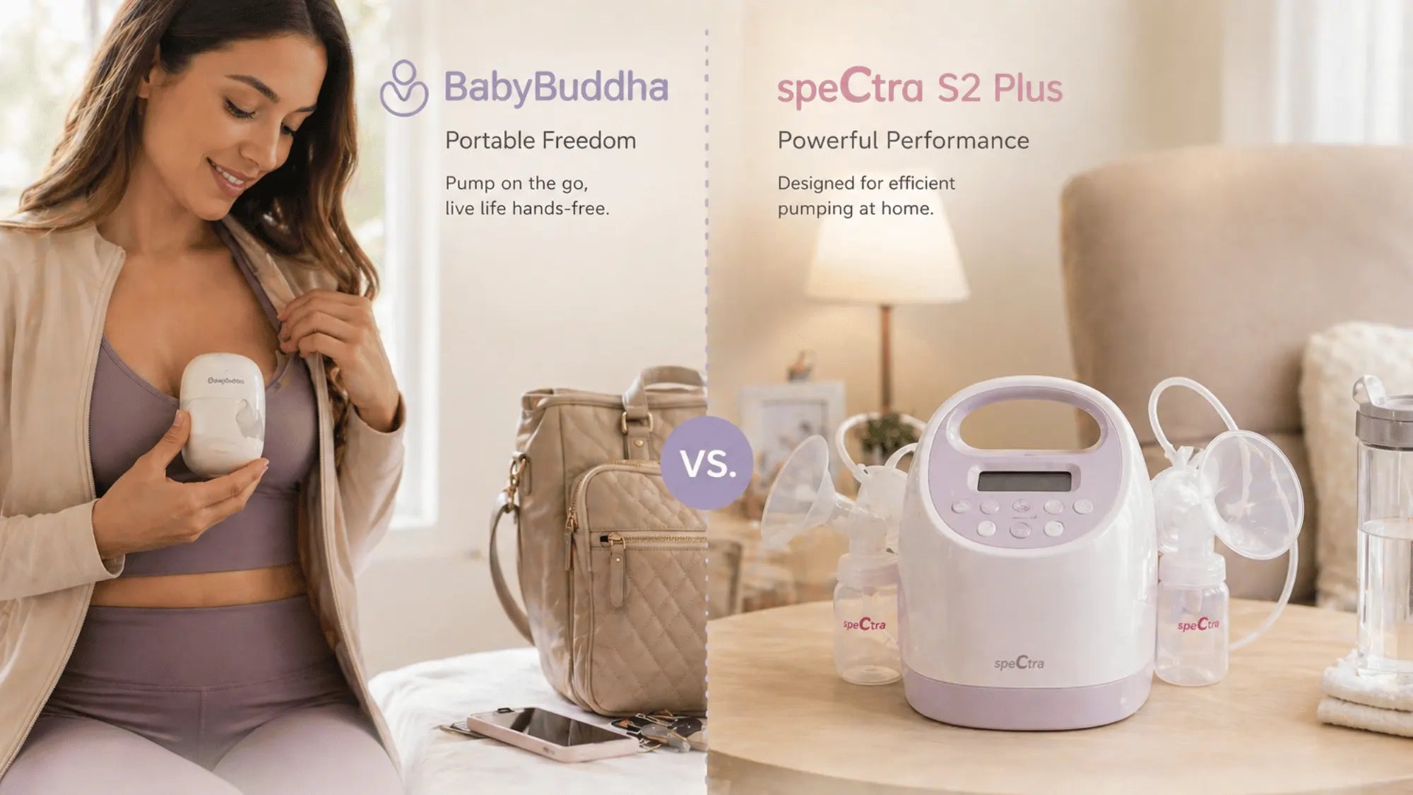 BabyBuddha vs. Spectra S2 Plus comparison showing a wearable BabyBuddha pump for portable pumping and a Spectra S2 Plus pump for at-home use.