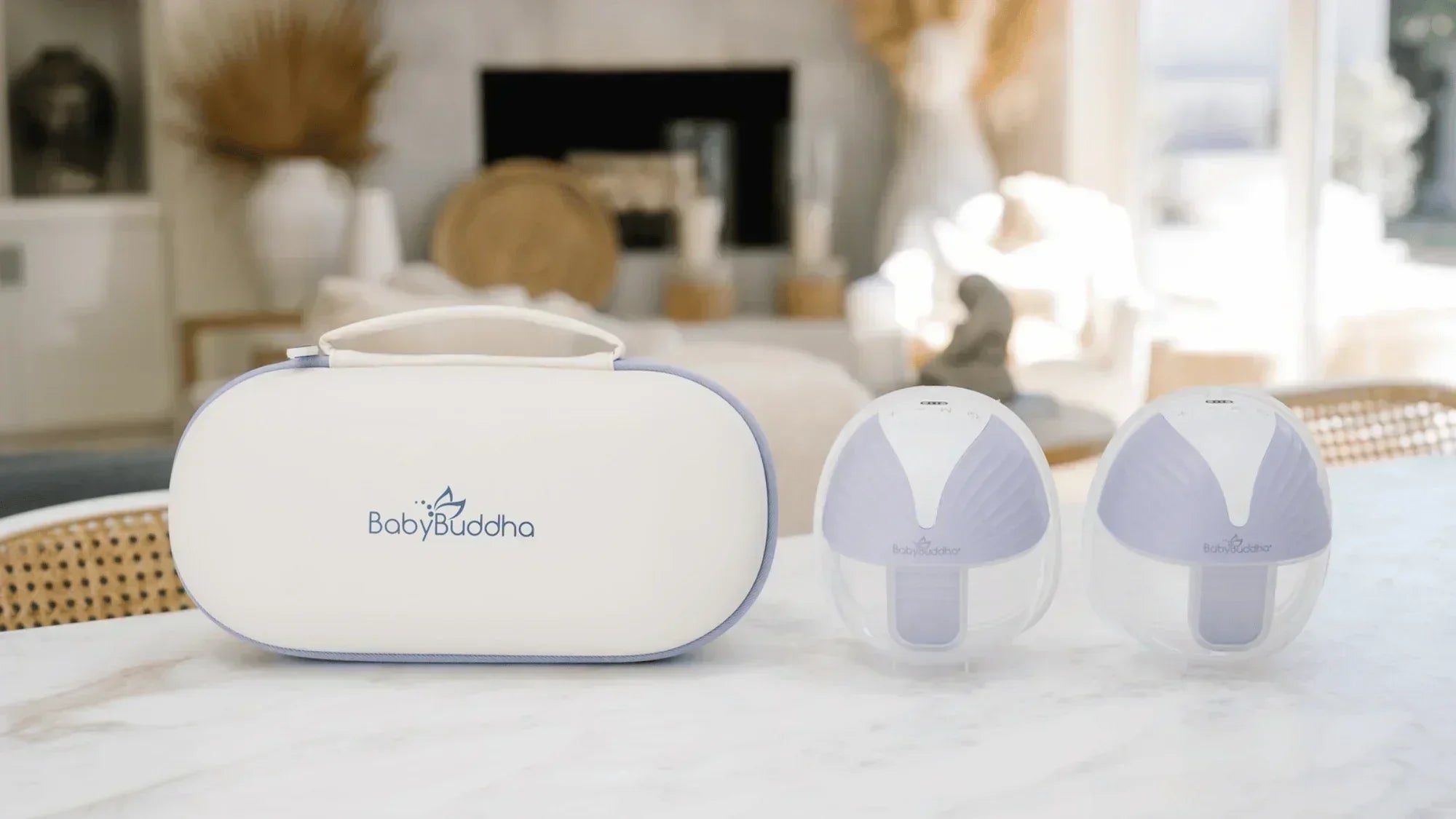 BabyBuddha breast pump carrying case and collection cups displayed on a marble countertop.