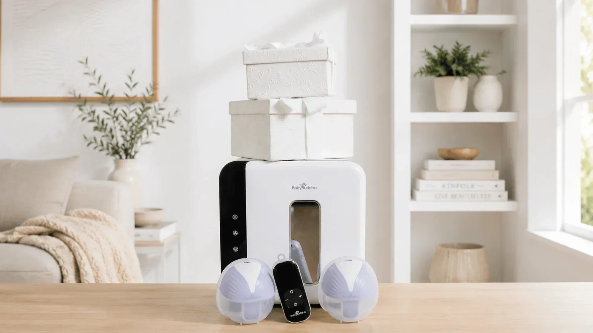 BabyBuddha breast pump set displayed on a table with a sterilizer and gift boxes behind it.