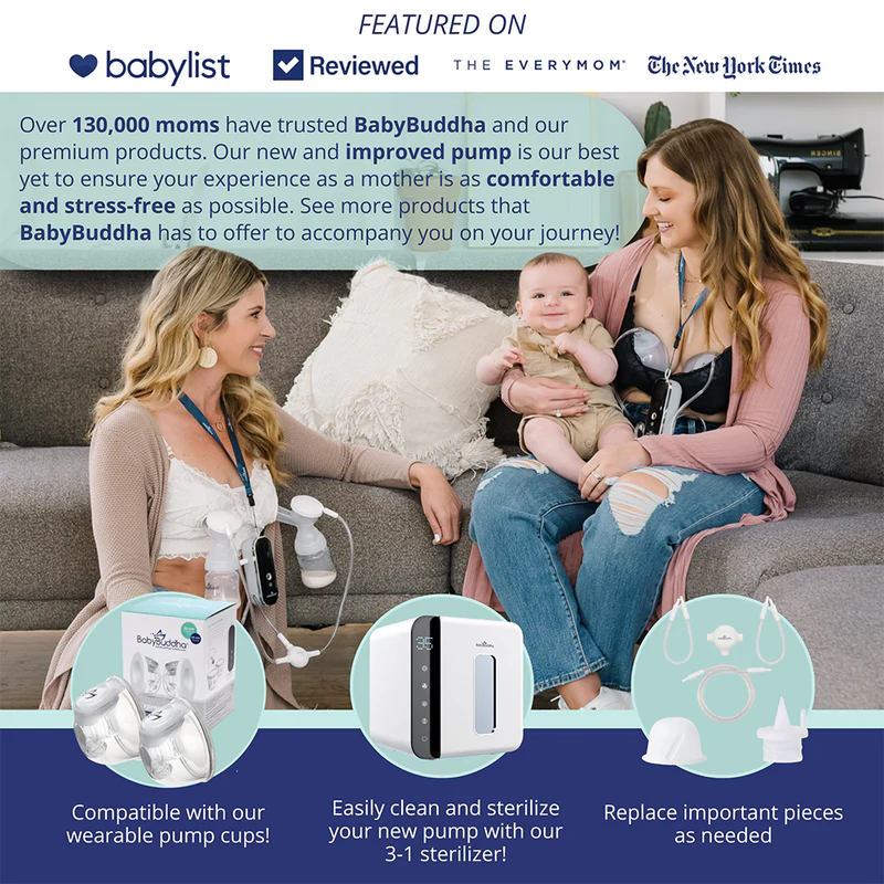Close-up image of the BabyBuddha® breast pump featuring a compact, portable design with digital display and soft silicone breast shields, placed on a clean surface.