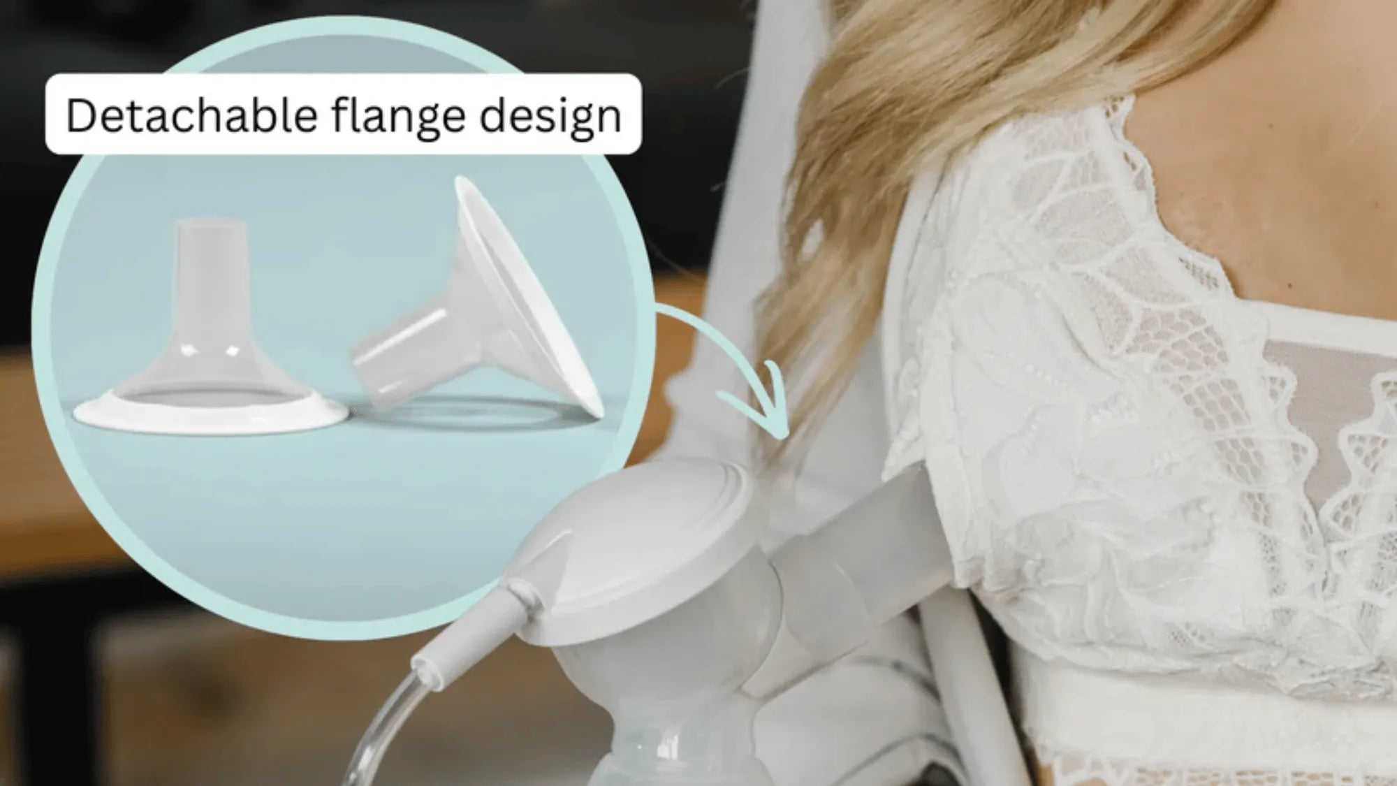 Close-up of a detachable breast pump flange design with an inset showing flange pieces.