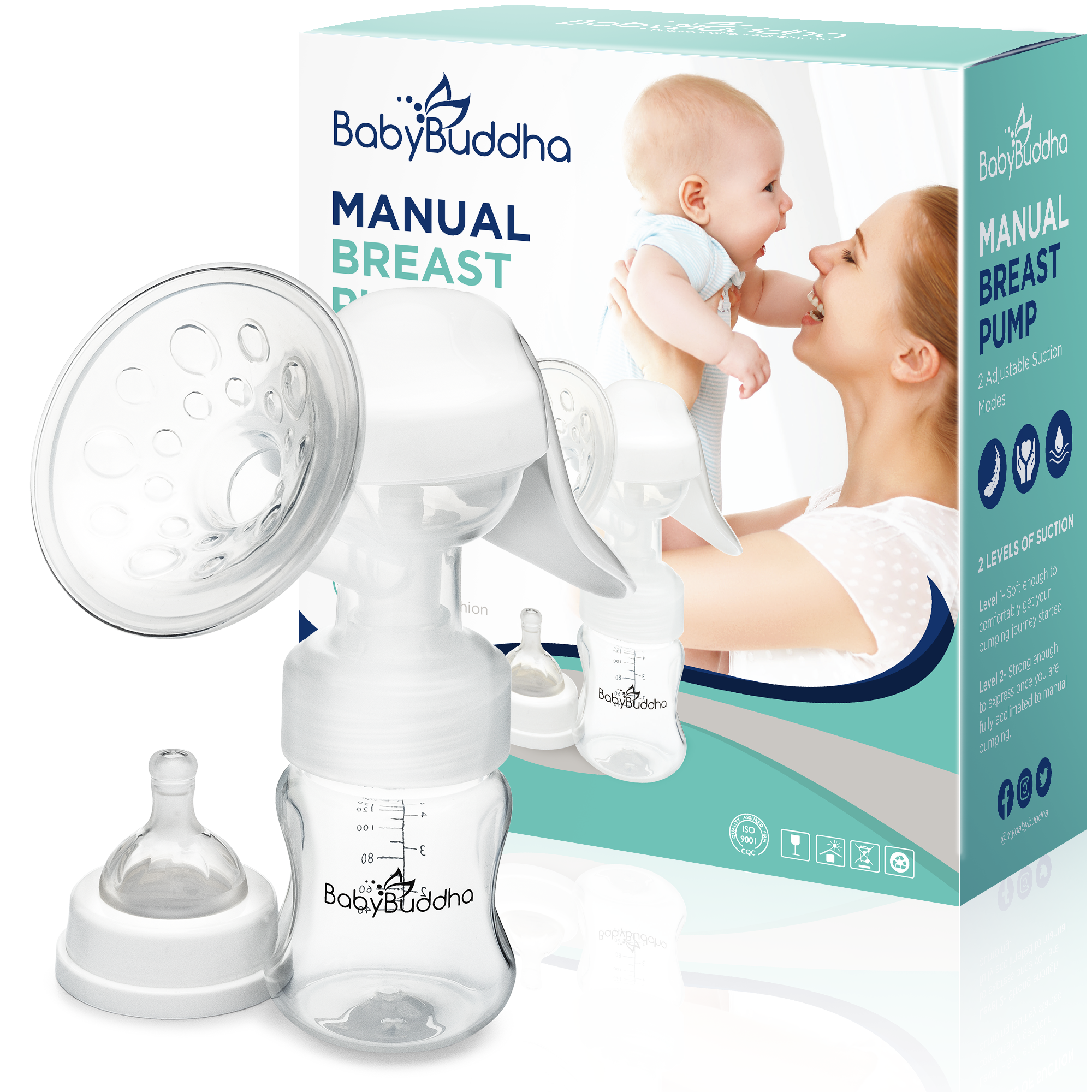 Manual breast pump with ergonomic handle and silicone flange, designed for easy and comfortable milk expression.