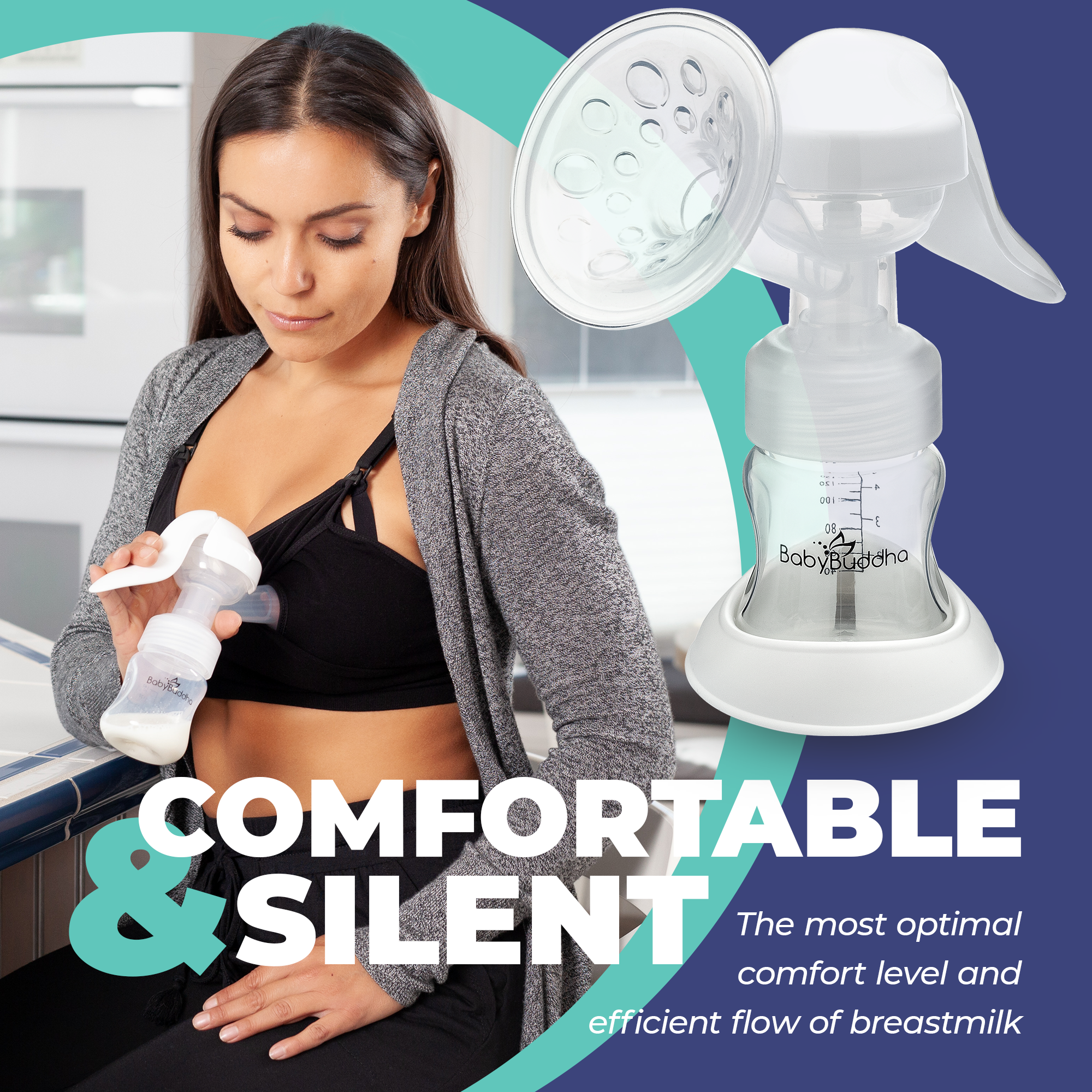 Manual breast pump with ergonomic handle and milk collection bottle, designed for easy and comfortable breastfeeding support.